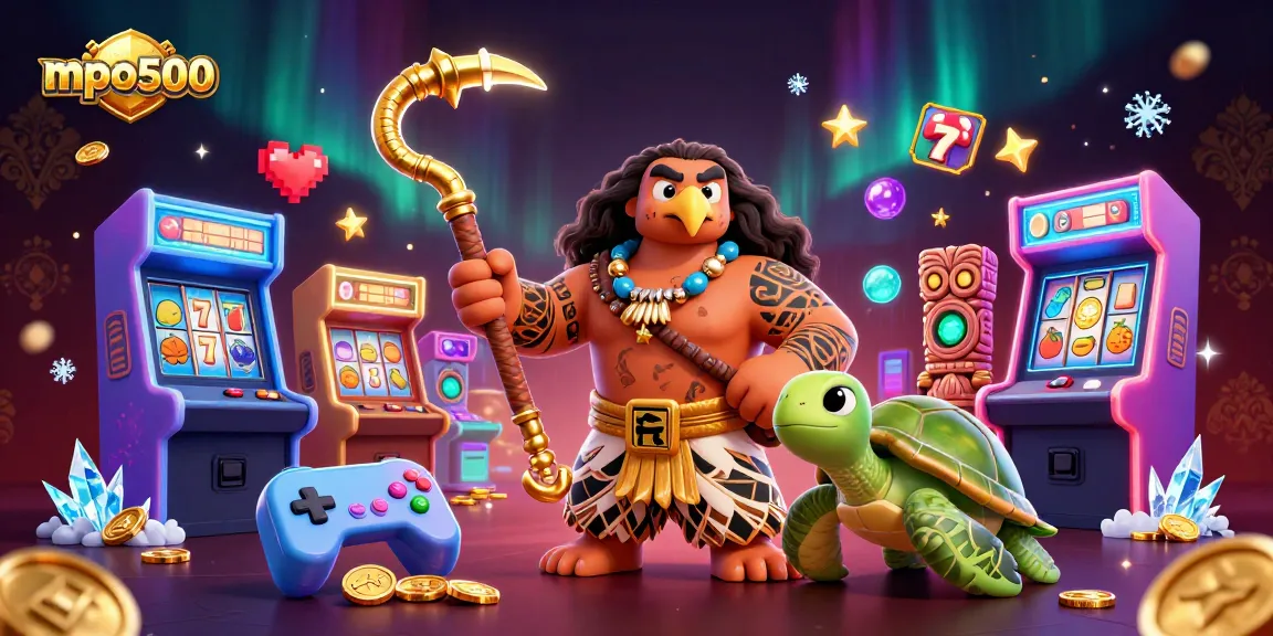 Experience the mpo500 excitement with vibrant slots and a magical casino journey featuring a demigod and friends.