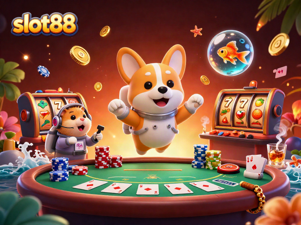 Experience thrilling action with slot88 reels amid a cosmic casino scene featuring floating characters.