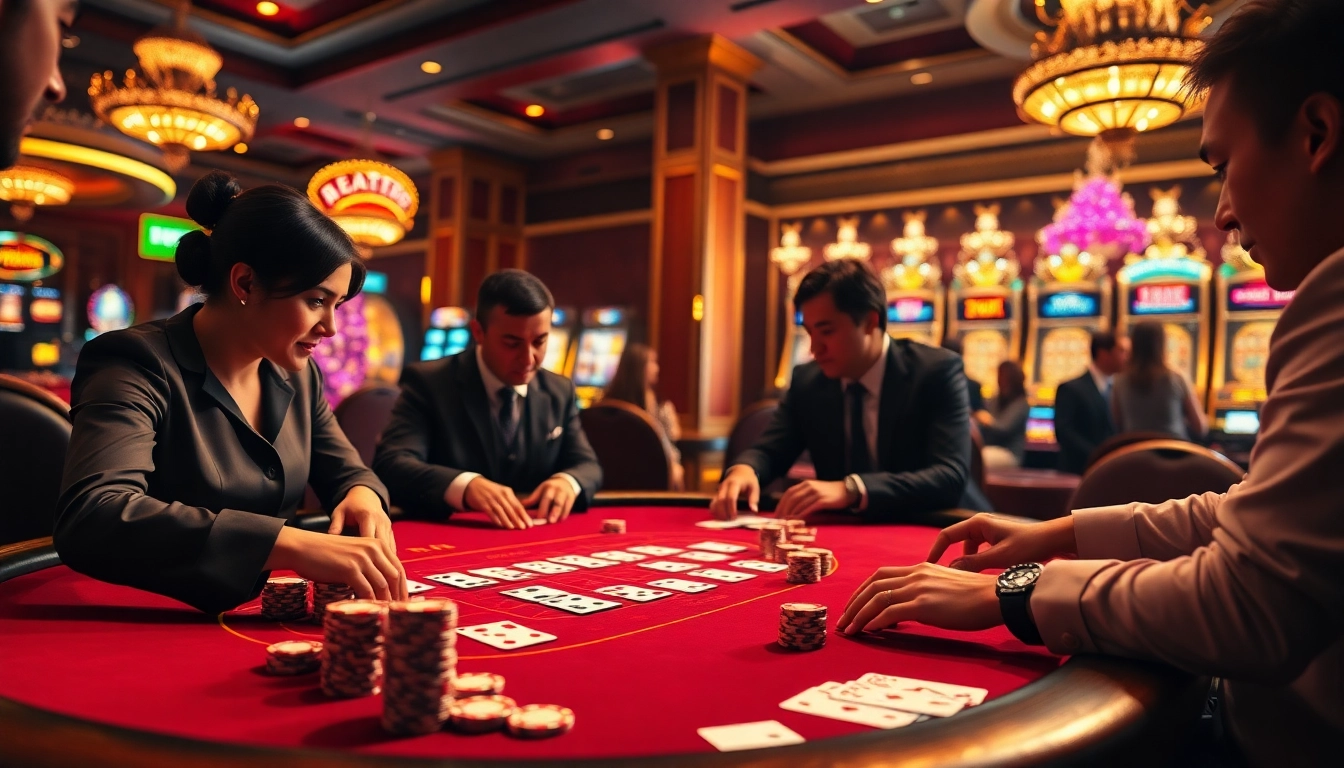 Excited players at a luxury blackjack table enjoying games linked to https://88i8i.net/ as vibrant chips and cards shine.