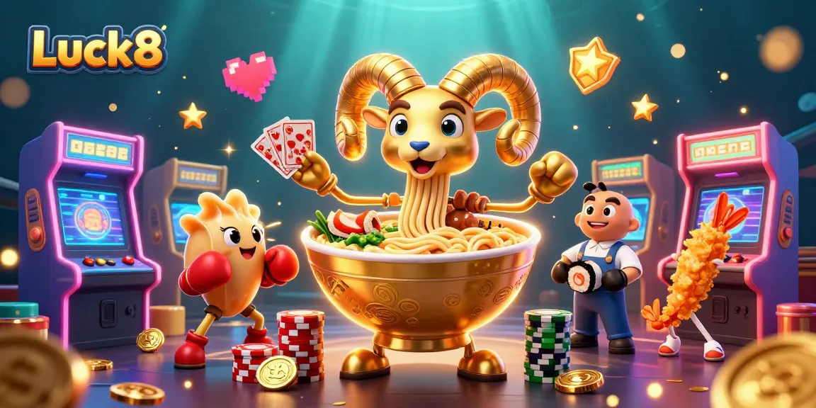 Luck8 features a dynamic 3D scene of a cartoon ramen bowl dealer amidst colorful gaming elements, embodying casino excitement.