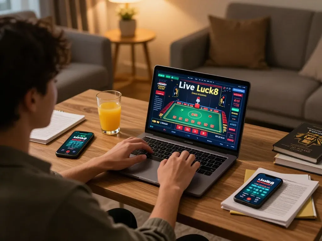 Playing Live casino Luck8 at home with a live dealer interface and gaming accessories.