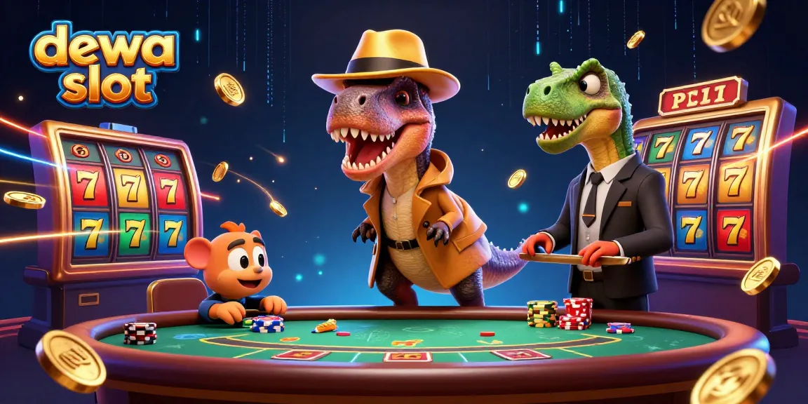 Experience the excitement of dewa slot with a vibrant, action-packed casino scene featuring animated characters in a digital illustration.