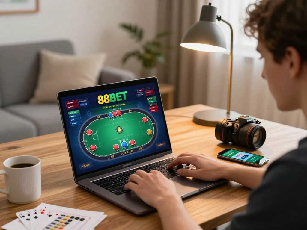 Engaging player at 88BET online poker table using laptop, showcasing strategic gameplay and home comfort.