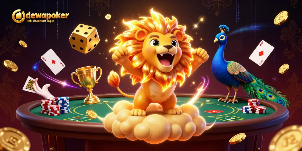Experience thrilling poker gameplay with dewapoker link alternatif login in a vibrant 3D illustration featuring cartoon characters and classic casino elements.