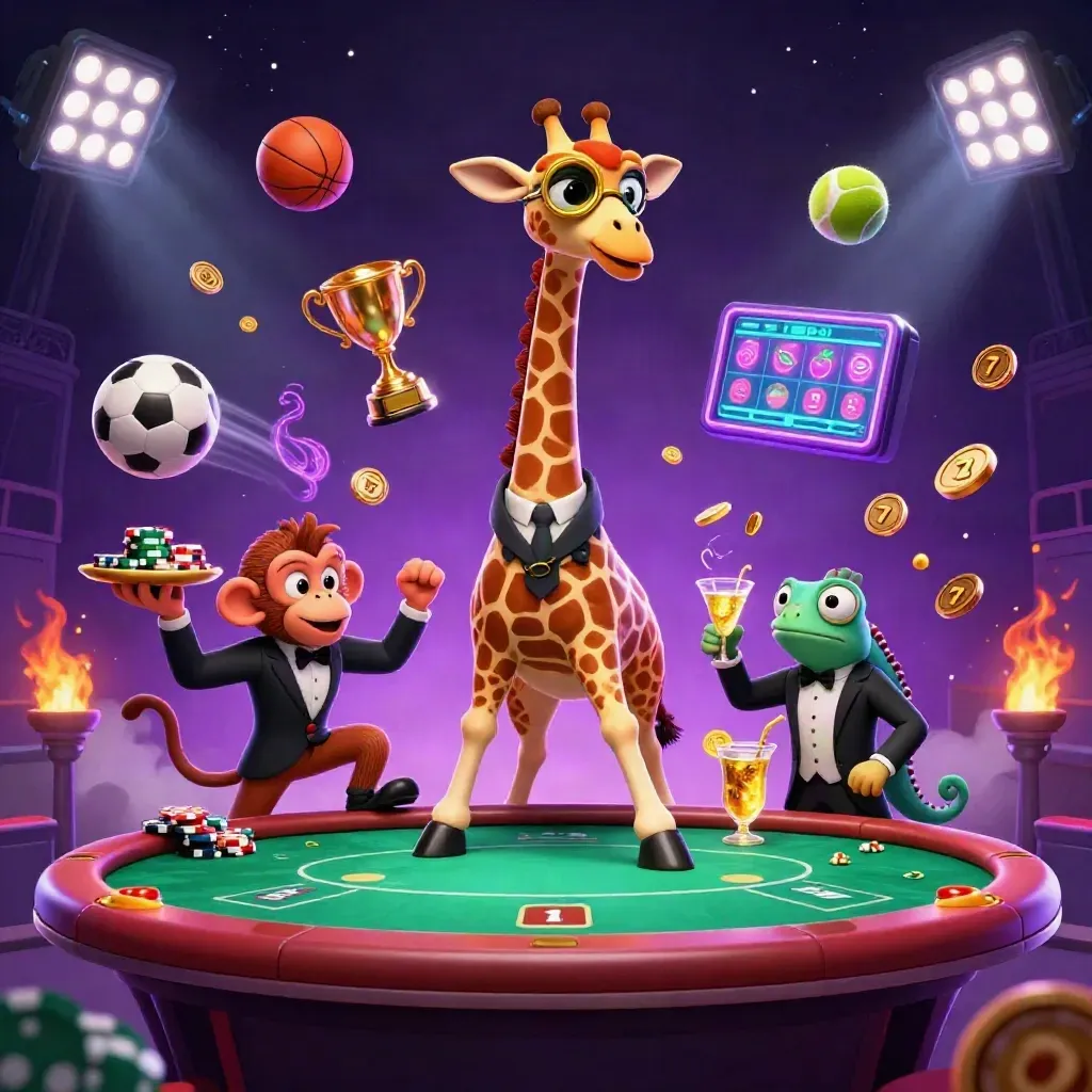 Giraffe high-roller, monkey valet, and chameleon bartender blast neon casino magic with coins and balls.