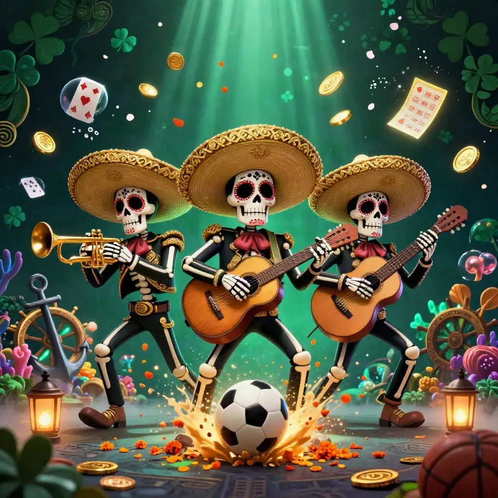 Skeleton mariachi trio with soccer ball, casino treasure glow, and ground-level action