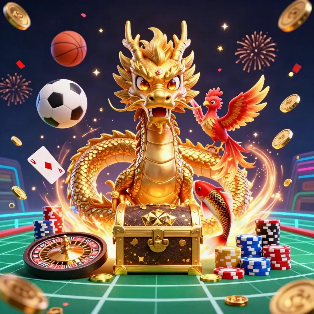 Golden dragon, phoenix, koi and casino icons burst around sports balls on a neon grid.