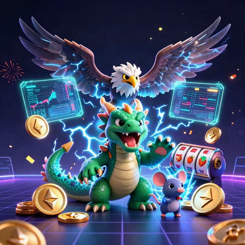 Thunder dragon, hawk and mouse burst with coins, lightning, confetti and jackpot glow on a dark casino backdrop.