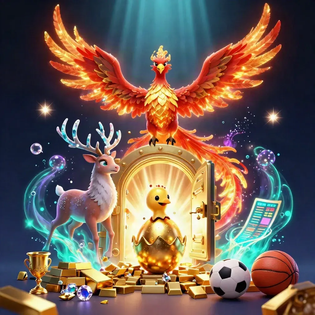Phoenix, hatching egg, stag, vault, gold, gems, balls, and teal magic on dark backdrop.
