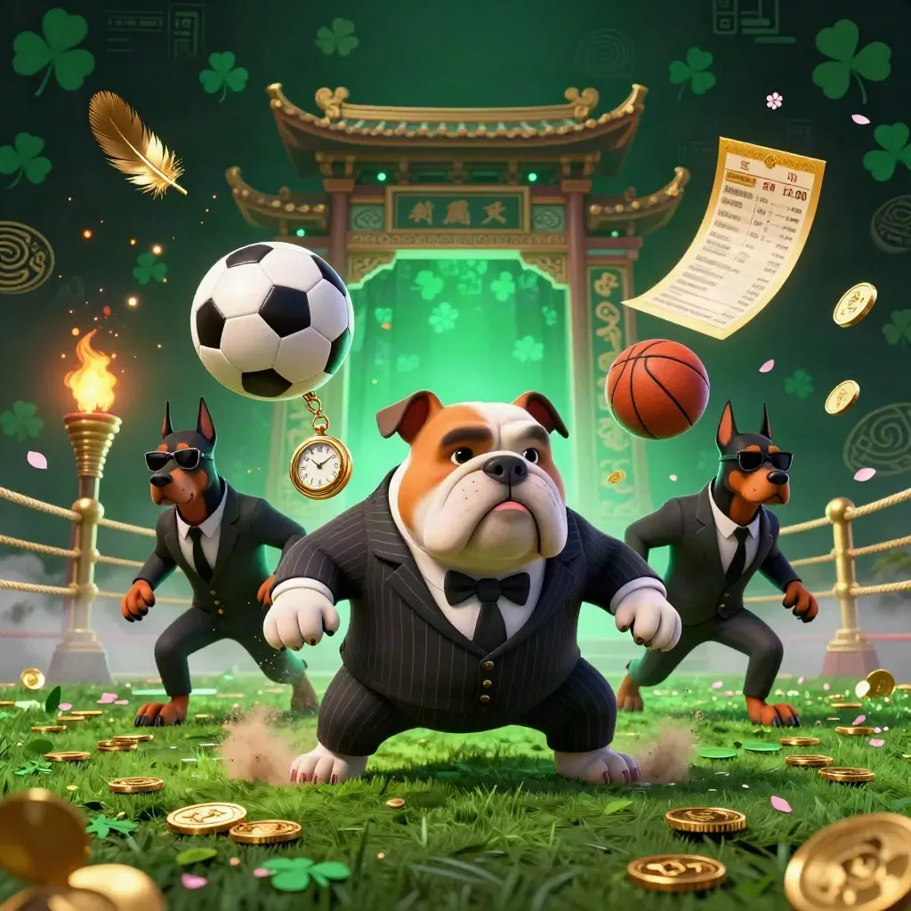 Bulldog mafia boss and Dobermans amid flying balls, coins, temple gate, and casino glow
