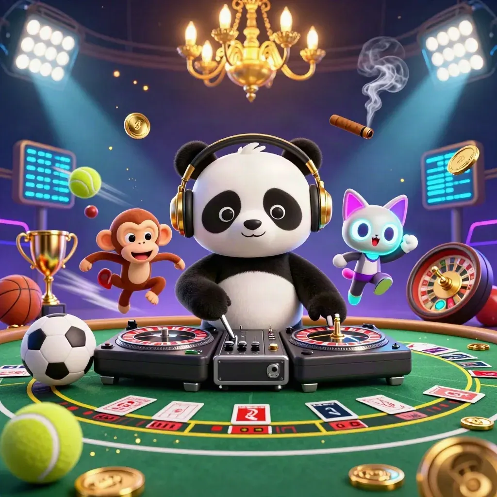 DJ panda, breakdancing monkey, and glow-stick kitten in a luxe neon casino splash scene