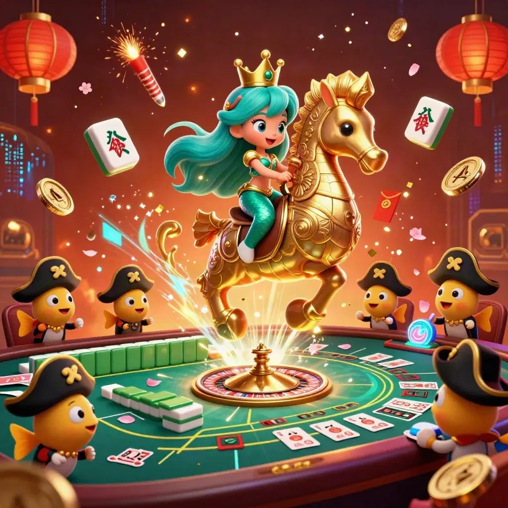 Mermaid princess on golden seahorse amid casino lanterns, jade coins, fireworks, and pirate fish