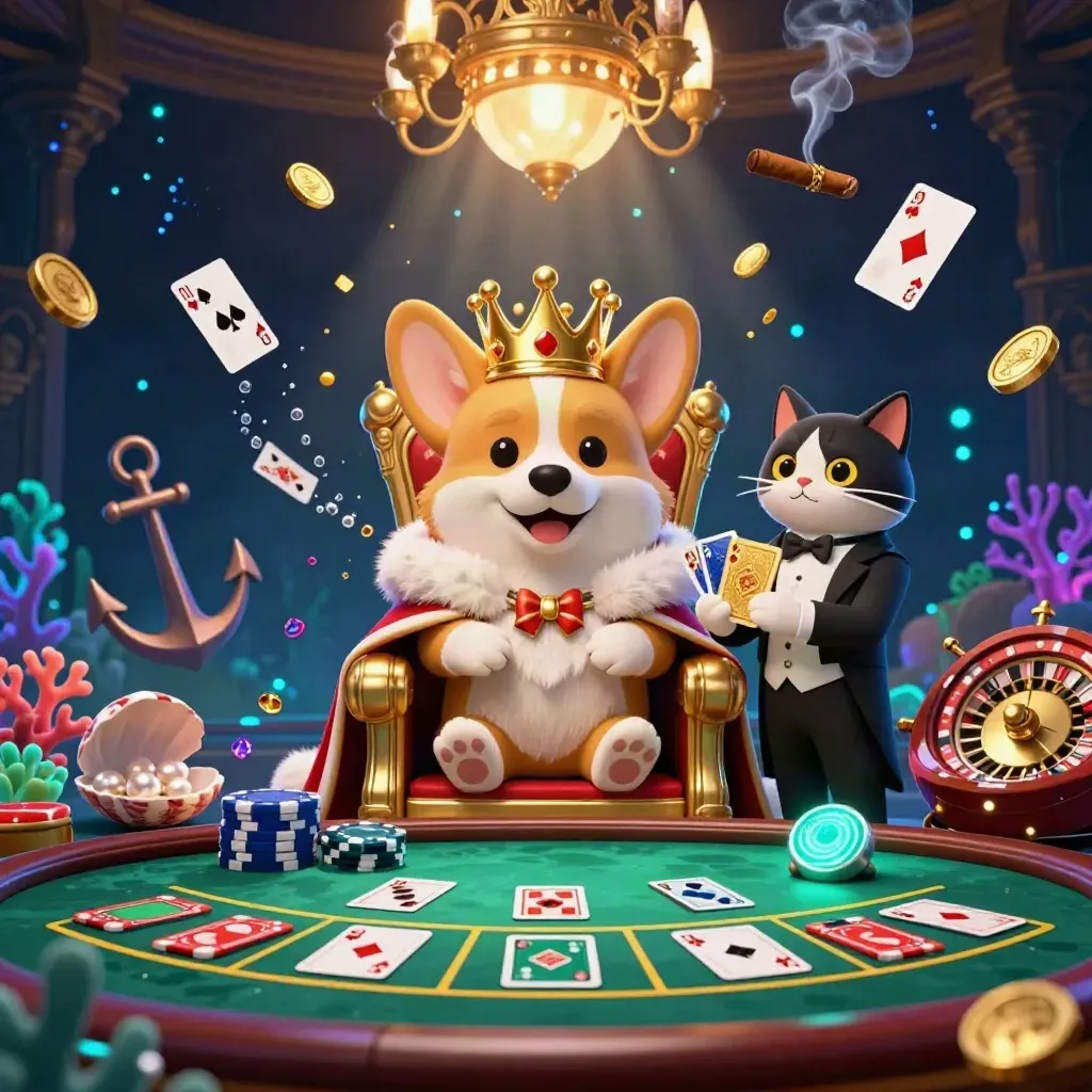 Royal corgi and cat butler in a glowing underwater casino cove with chips, cards, and treasure