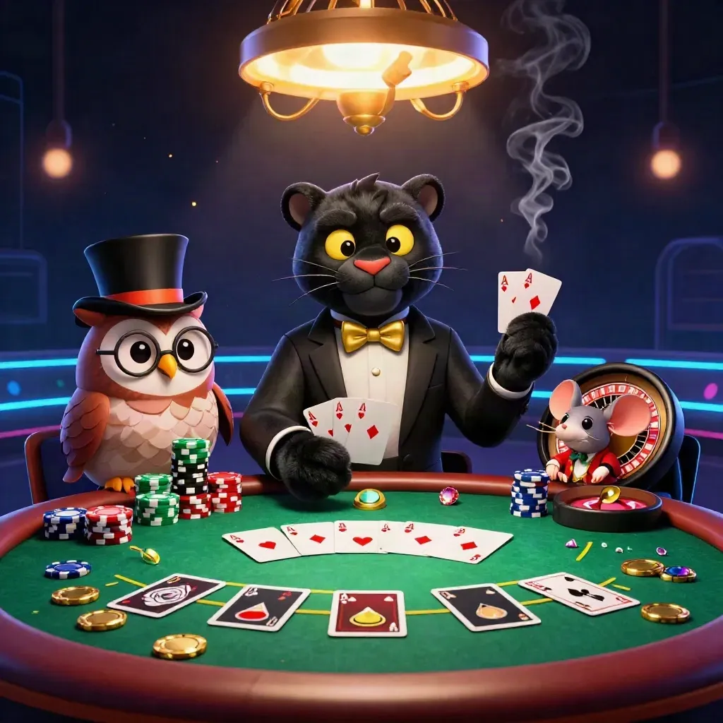 A tuxedoed panther, owl, and mouse in a luxe casino room with chips, cards, and glowing gold light.