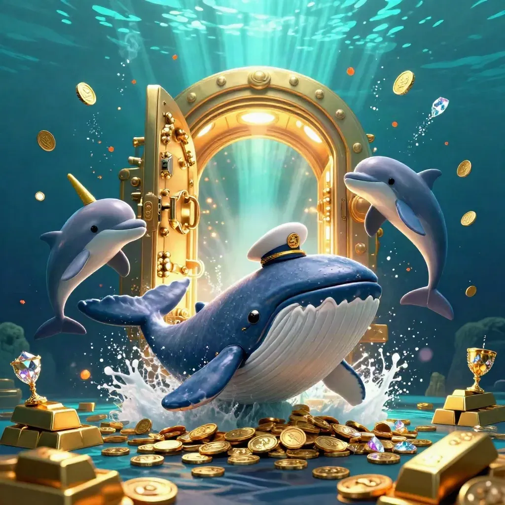 Whale captain, narwhal and dolphins burst through coins and treasure in a teal underwater casino scene.