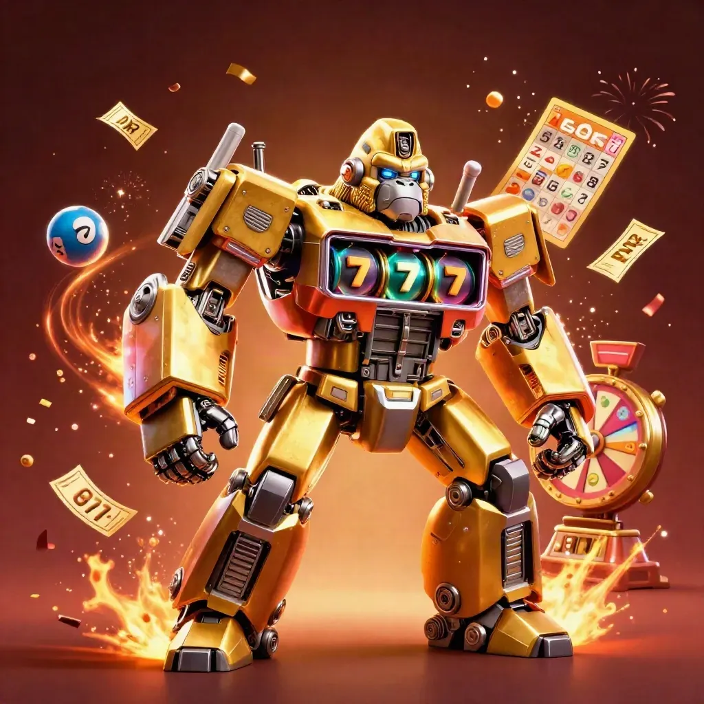 Golden gorilla mech with monkey pilot exploding jackpots, lottery balls, and teal casino glow.