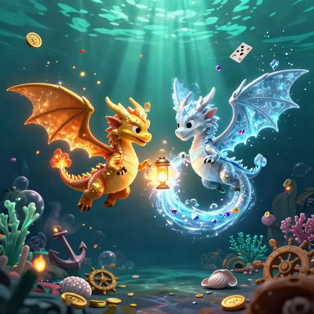 Twin gold and silver dragons in a teal underwater treasure cove, fire and ice yin-yang, gems bursting.