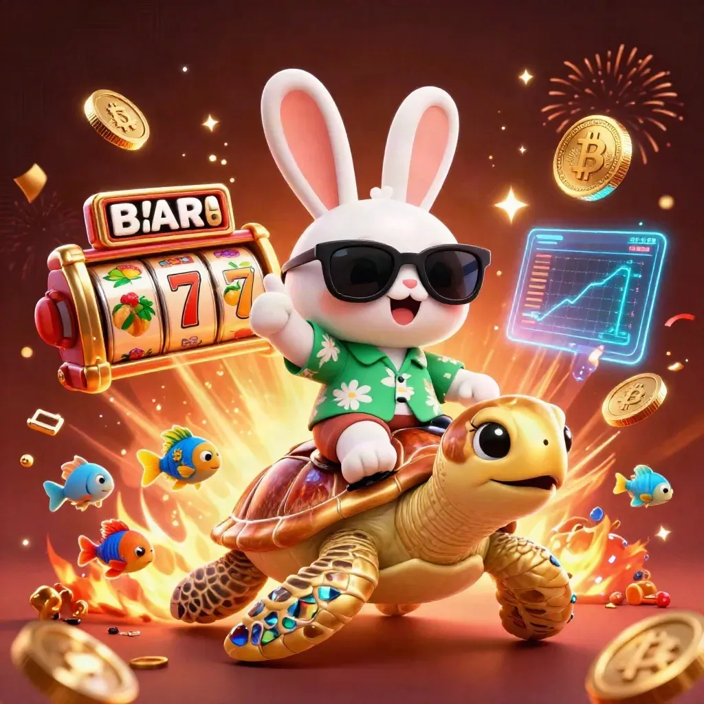 Lucky rabbit riding a golden turtle amid coins, fireworks, and casino power-ups.