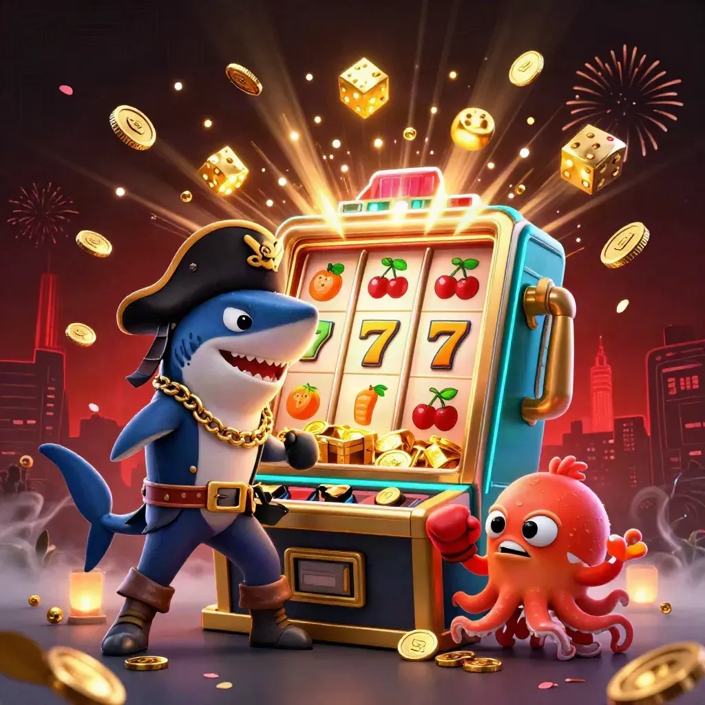 Pirate shark, pufferfish, and octopus amid exploding jackpot loot and fireworks.