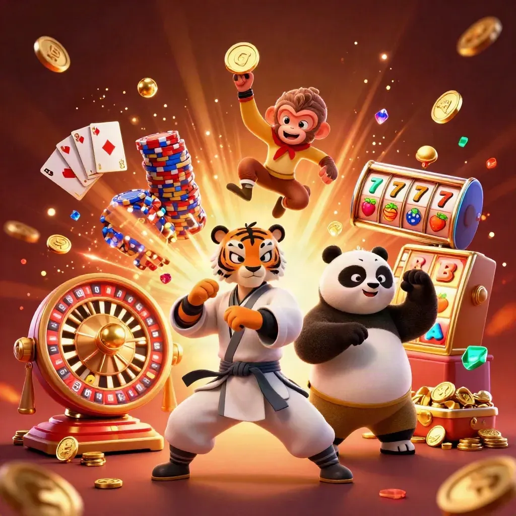 Tiger, panda, and monkey celebrate amid coins, cards, chips, roulette, fire, and glowing jackpots.