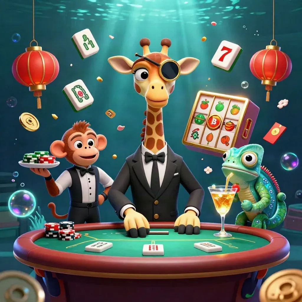 Giraffe, monkey, and chameleon in luxe casino chaos with glowing chips, lanterns, and underwater light.
