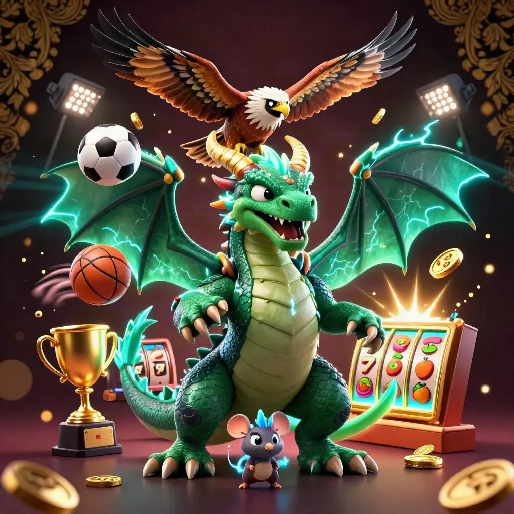 Thunder dragon, wind hawk, and static mouse amid jackpots, coins, reels, and teal-gold glow