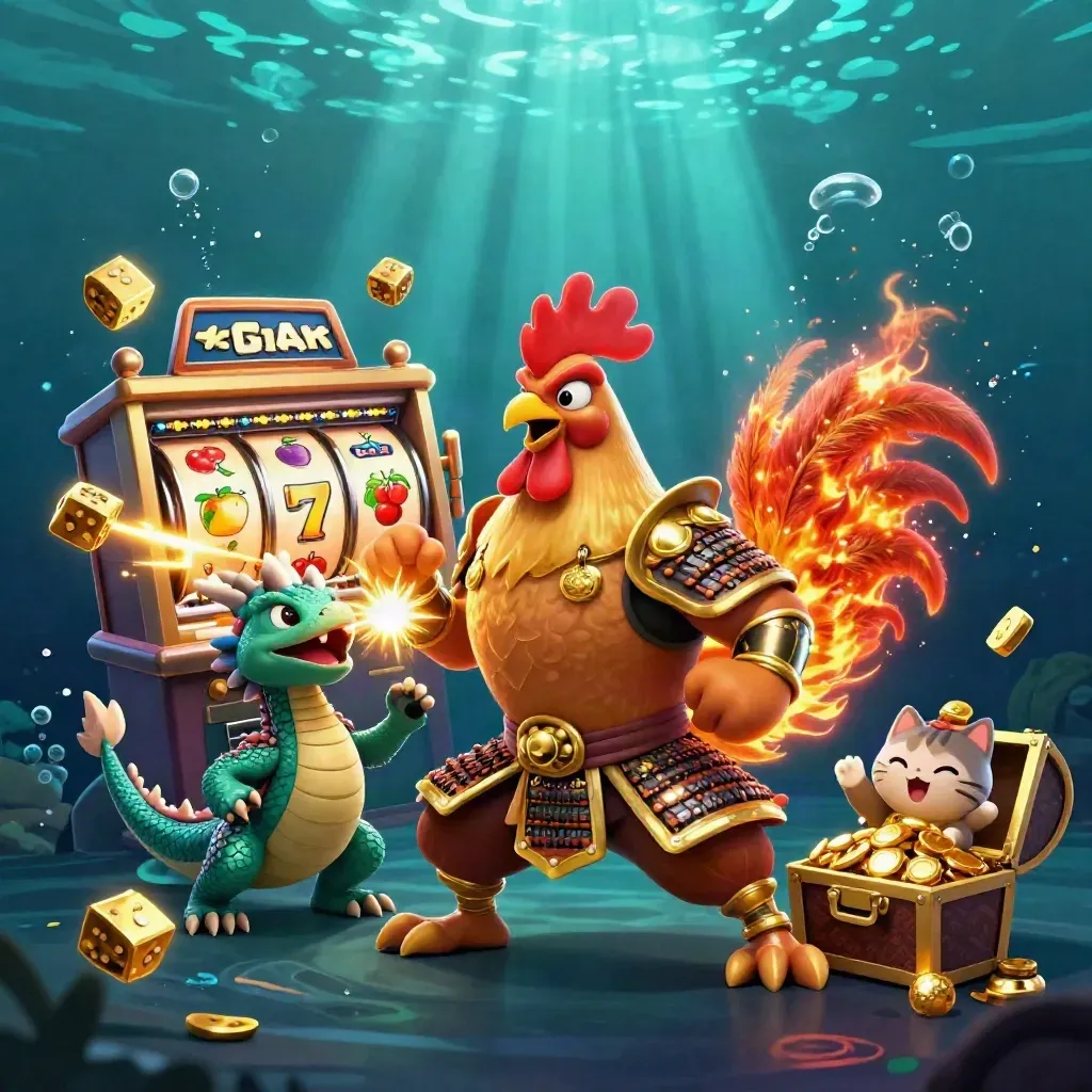 Rooster samurai, dragon hatchling, lucky cat, and casino symbols burst from an open slot underwater.