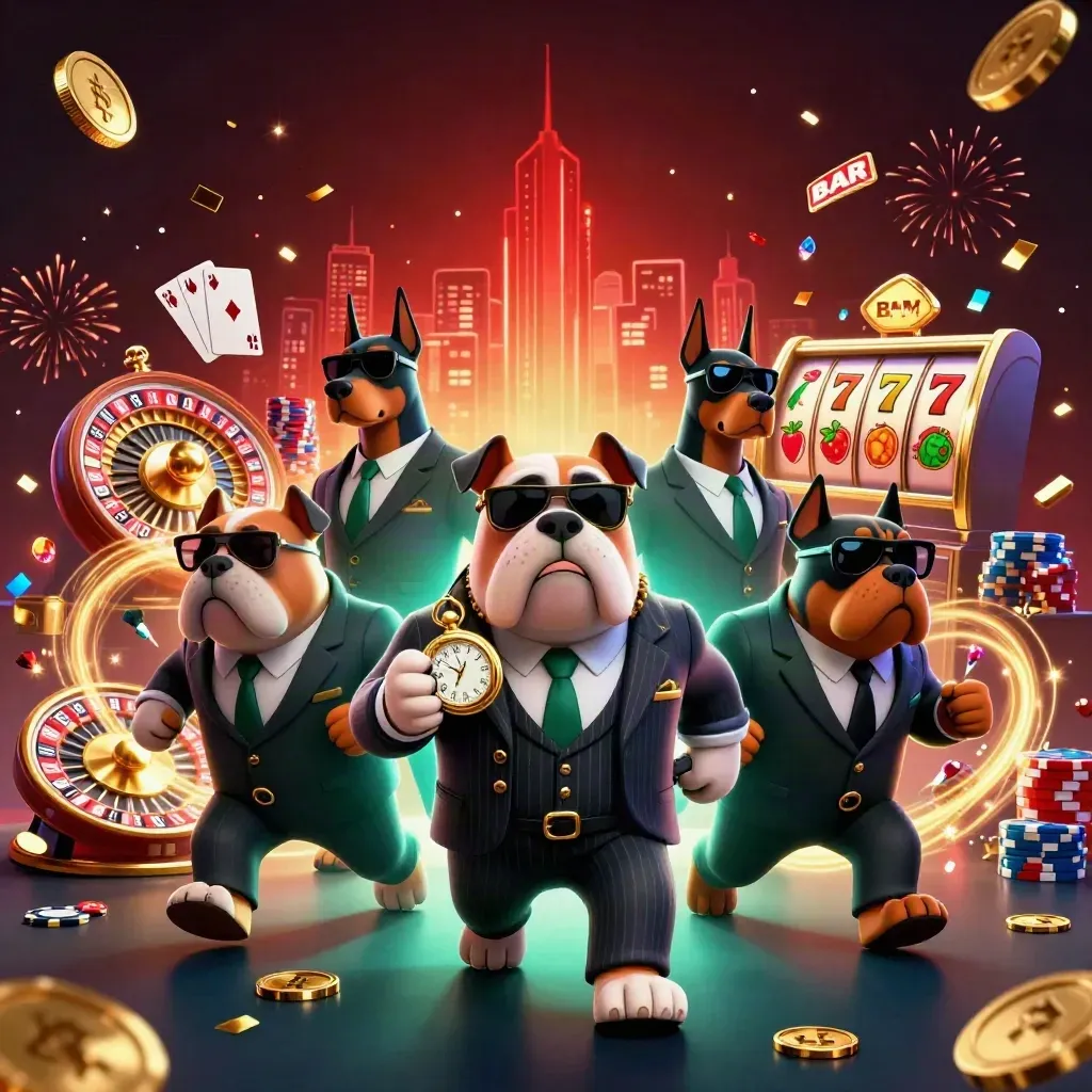 Bulldog boss and Dobermans amid coins, chips, roulette, gems, and lucky 7 slot energy.