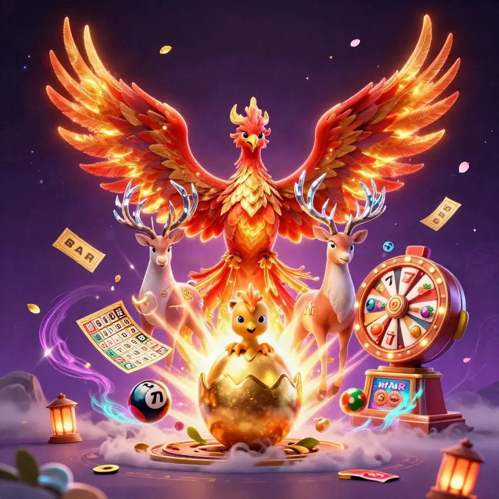 Phoenix, hatching egg, and crystal stag amid casino symbols on a neon fantasy starfield.