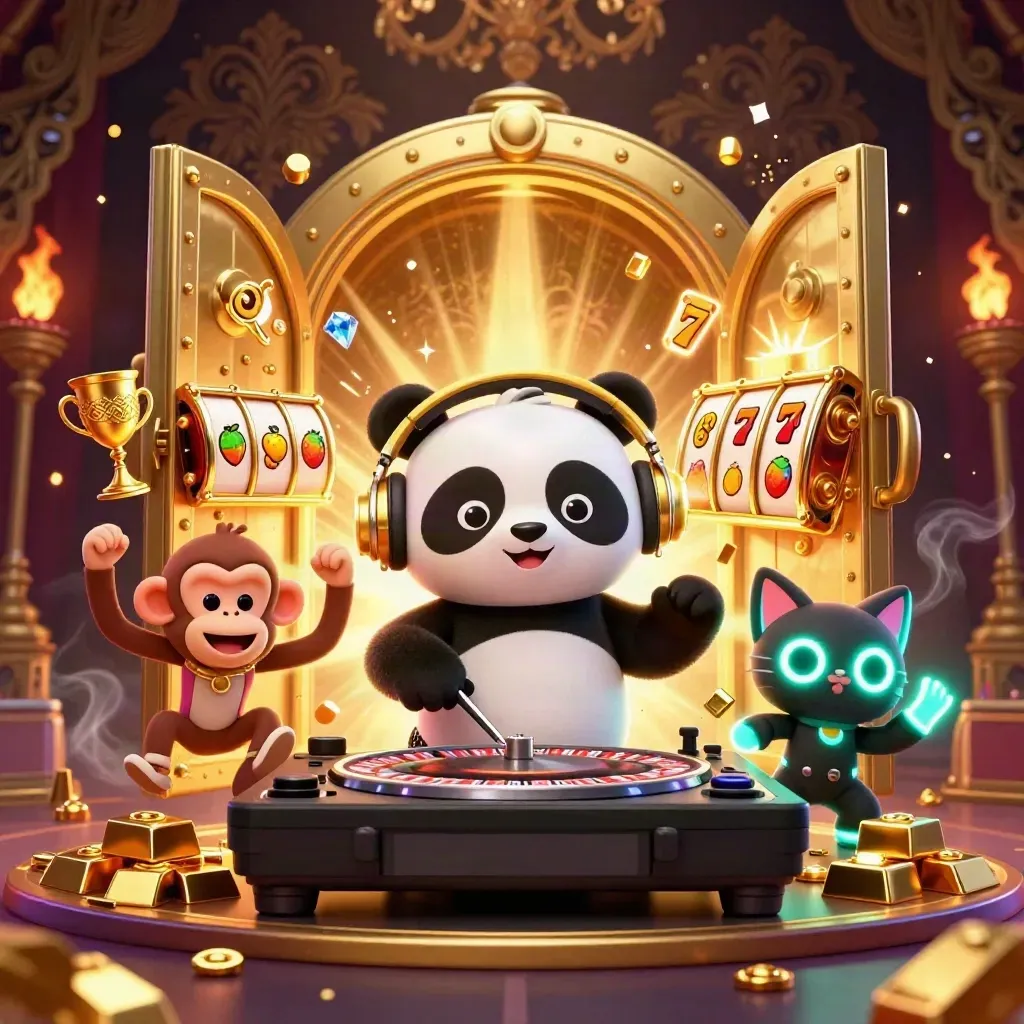 Panda DJ, dancing monkey, and glow-kitten burst from a golden vault amid casino loot and neon sparks.