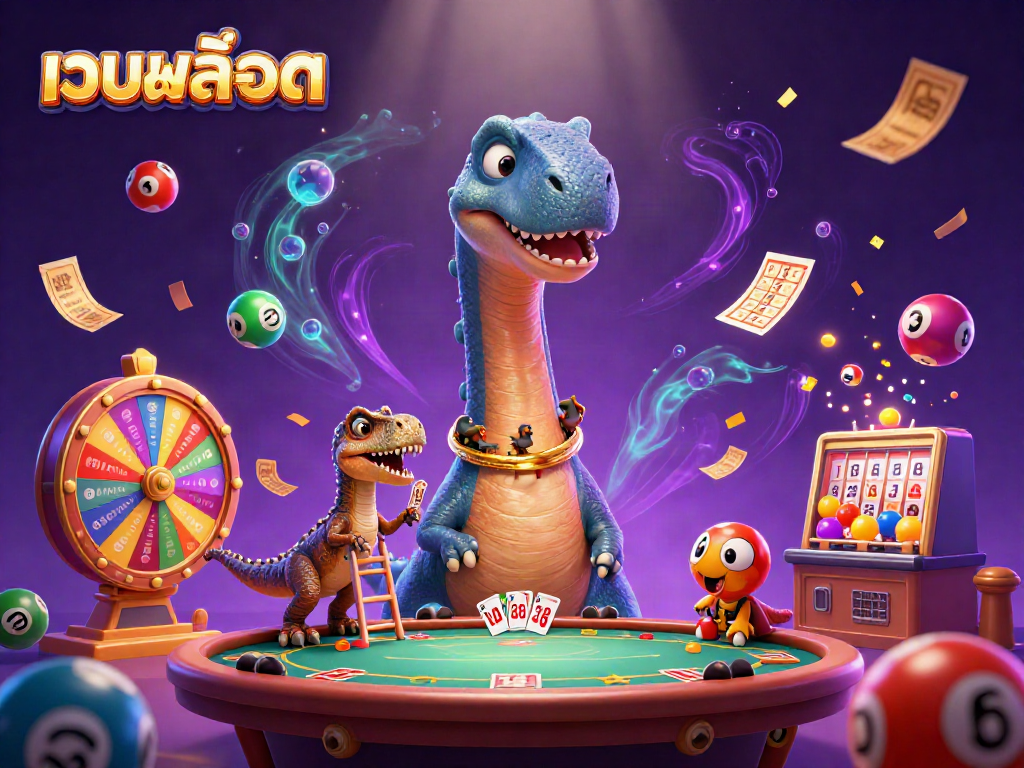 Engage in thrilling เว็บสล็อต action with a dynamic casino scene featuring a brontosaurus and raptor.