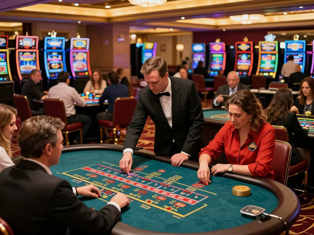Players engaging in thrilling casino action at 888top, showcasing vibrant game tables and illuminated slots.