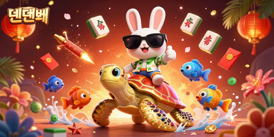 Engage with 텐텐벳 through an exciting casino adventure with a fun rabbit and sea turtle illustration, capturing the thrill of gaming.