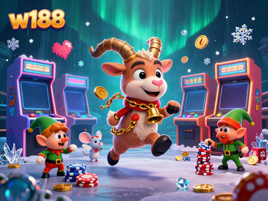Experience the excitement of w188 with a festive casino scene featuring playful characters in a thrilling atmosphere.
