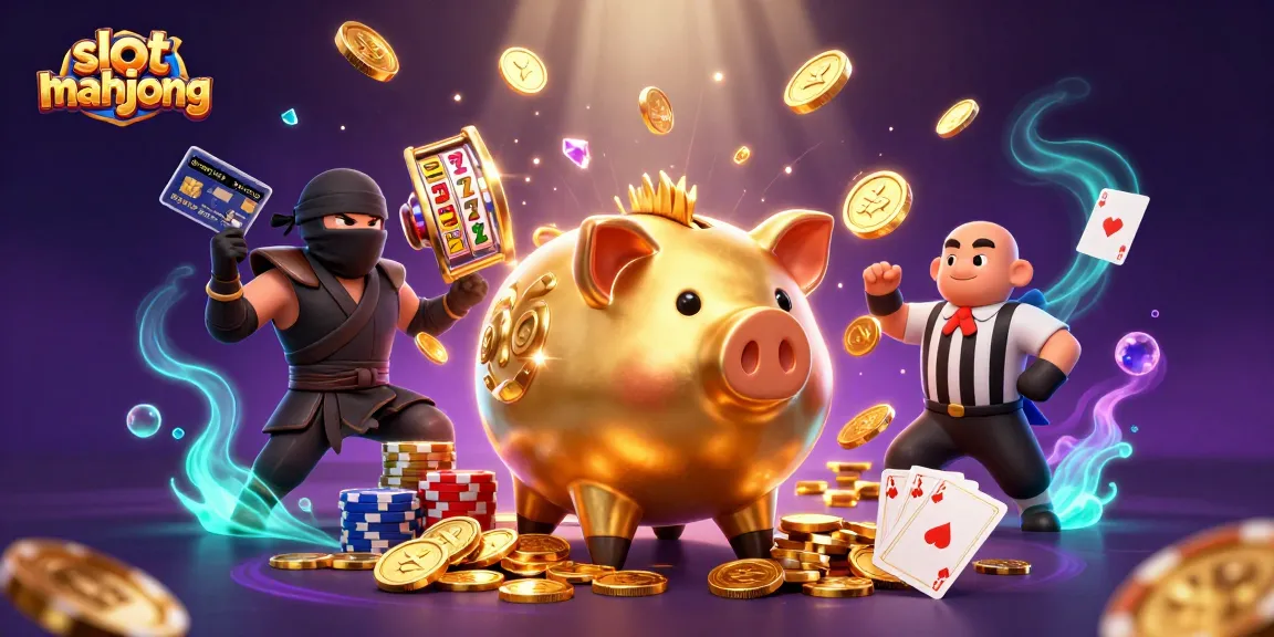 Experience the excitement of slot mahjong with dynamic characters amidst cascading coins and vibrant casino elements.