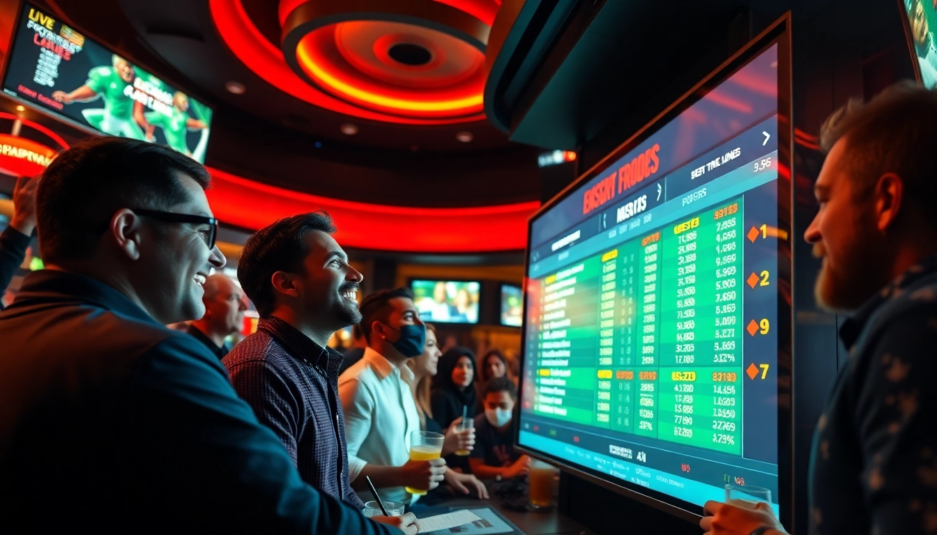 Experience online Betting excitement in a lively sportsbook with diverse bettors and live odds.