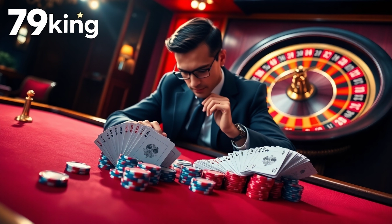 79king players strategizing at a luxurious poker table with vibrant roulette wheel in the background.
