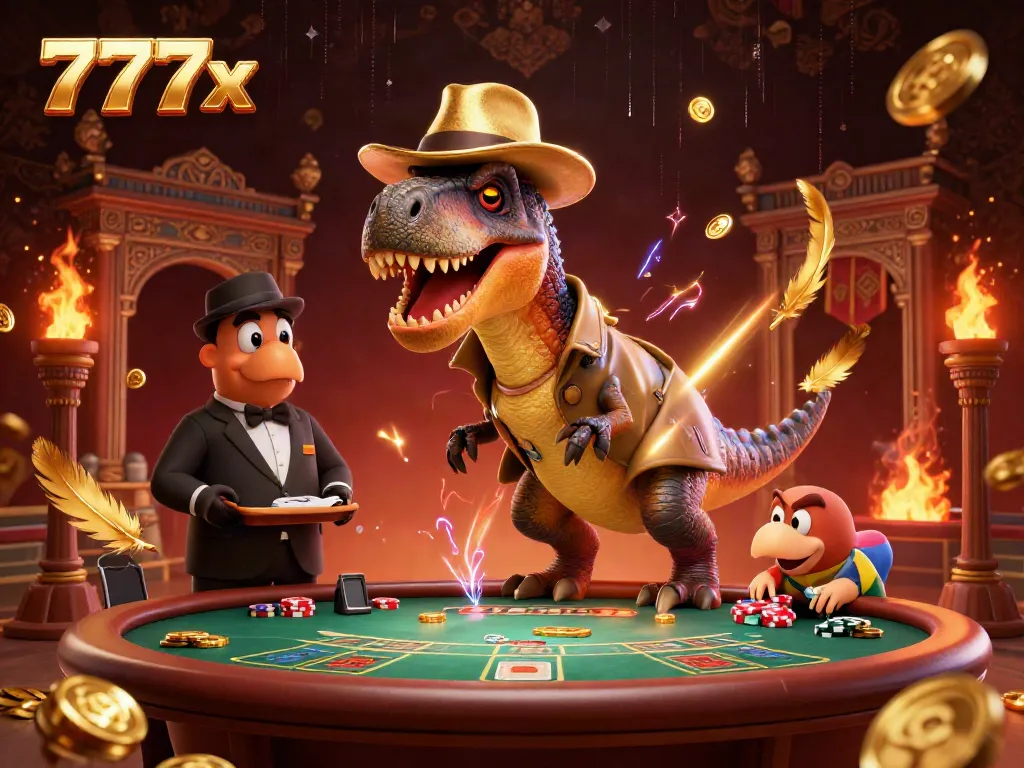 Experience thrilling moments at 777x with a velociraptor card counter and stegosaurus pit boss in a vibrant casino scene.
