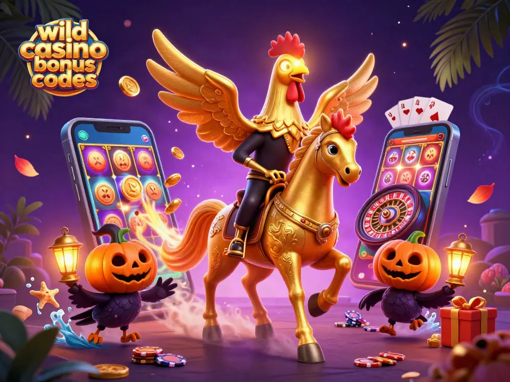 Experience wild casino bonus codes with a golden rooster and friends in a vibrant casino scene.