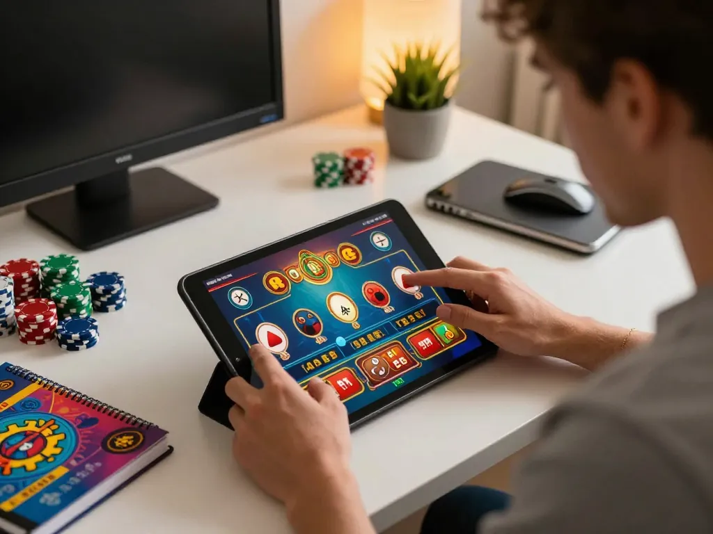 Engaged player exploring cm 88 casino app on tablet while surrounded by gaming strategy notes and chips.