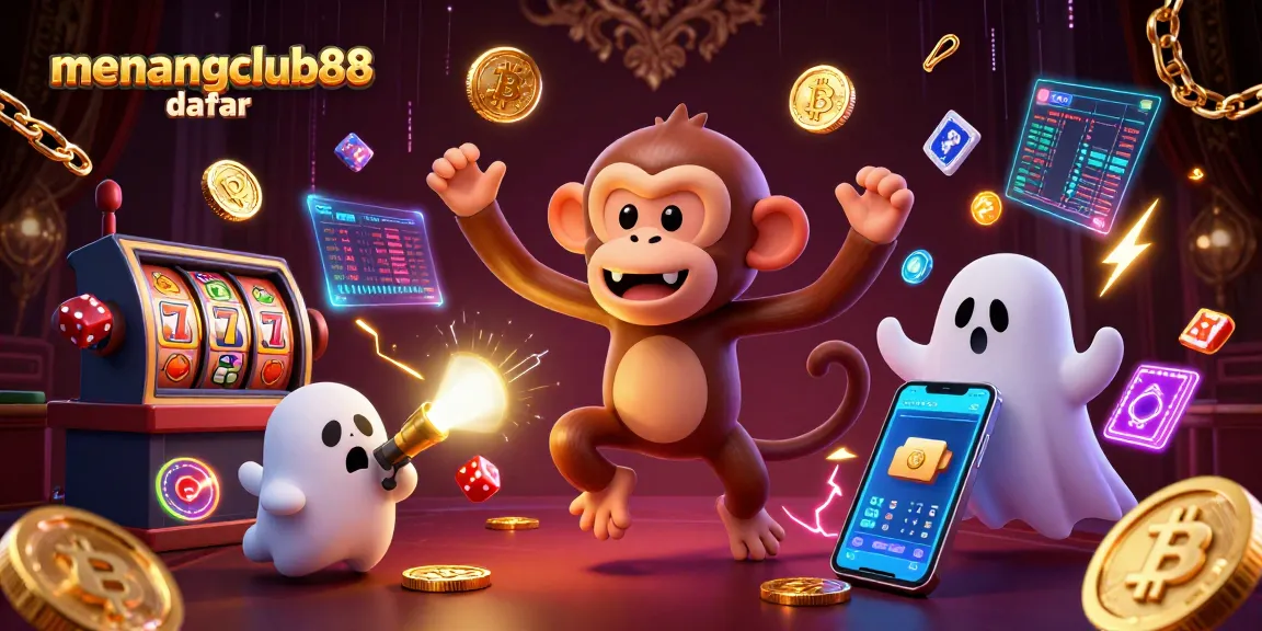 Engage with menangclub88 daftar through a vibrant gaming scene featuring juggled coins and mystical characters in a haunted casino.