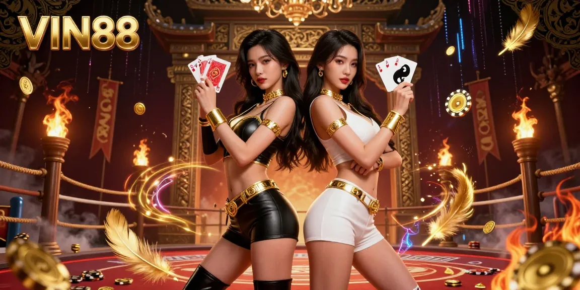 Experience the excitement of VIN88 with stunning Asian women holding poker cards in a rich casino setting.