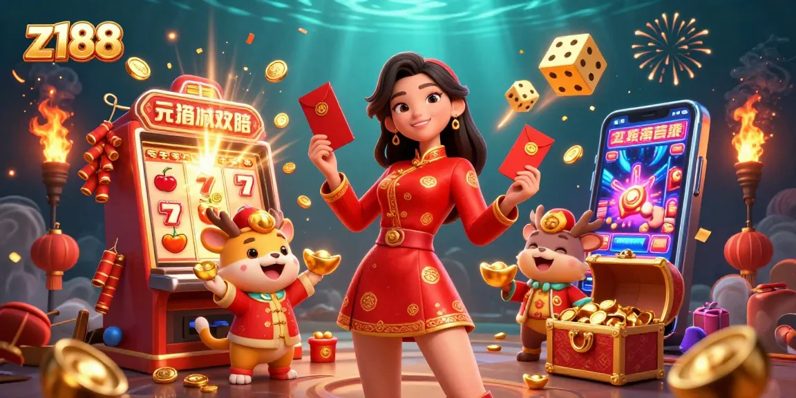 Engage with z188's vibrant casino atmosphere featuring festive characters and jackpot excitement.