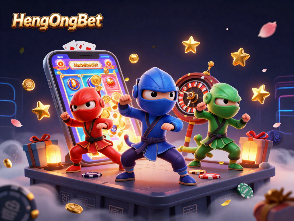 Experience the excitement of HengOngBet with a vibrant 3D ninja chameleon team showcasing dynamic casino games.
