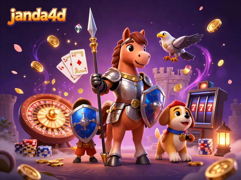 Ilustrasi 3D janda4d dengan ksatria berkuda, anak anjing squire, dan falcon dalam suasana kasino yang dinamis.