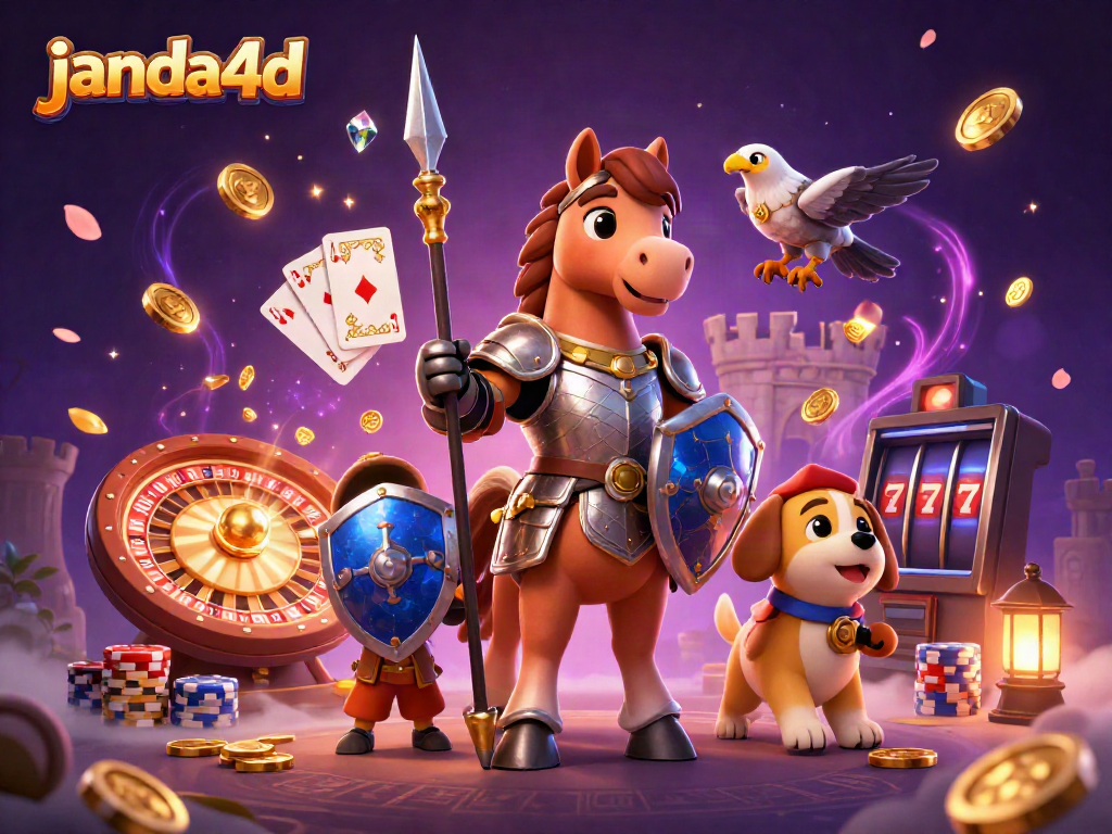 Ilustrasi 3D janda4d dengan ksatria berkuda, anak anjing squire, dan falcon dalam suasana kasino yang dinamis.