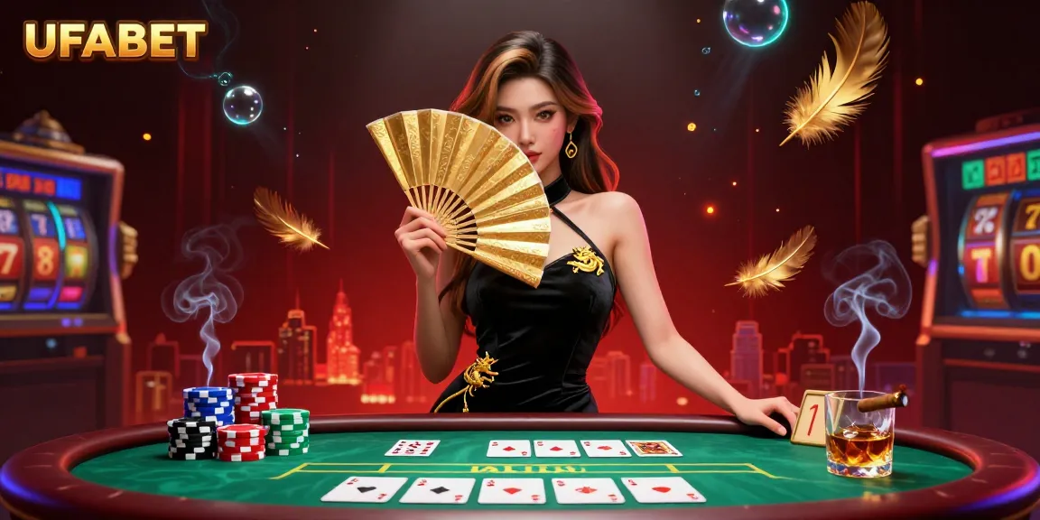 Engage in thrilling action at UFABET with dynamic poker play and vibrant gaming elements in this stunning illustration.