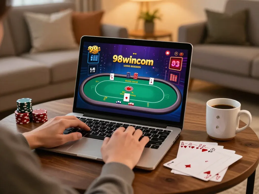 Engaging in strategic online gaming at 98wincom with a laptop and poker display.
