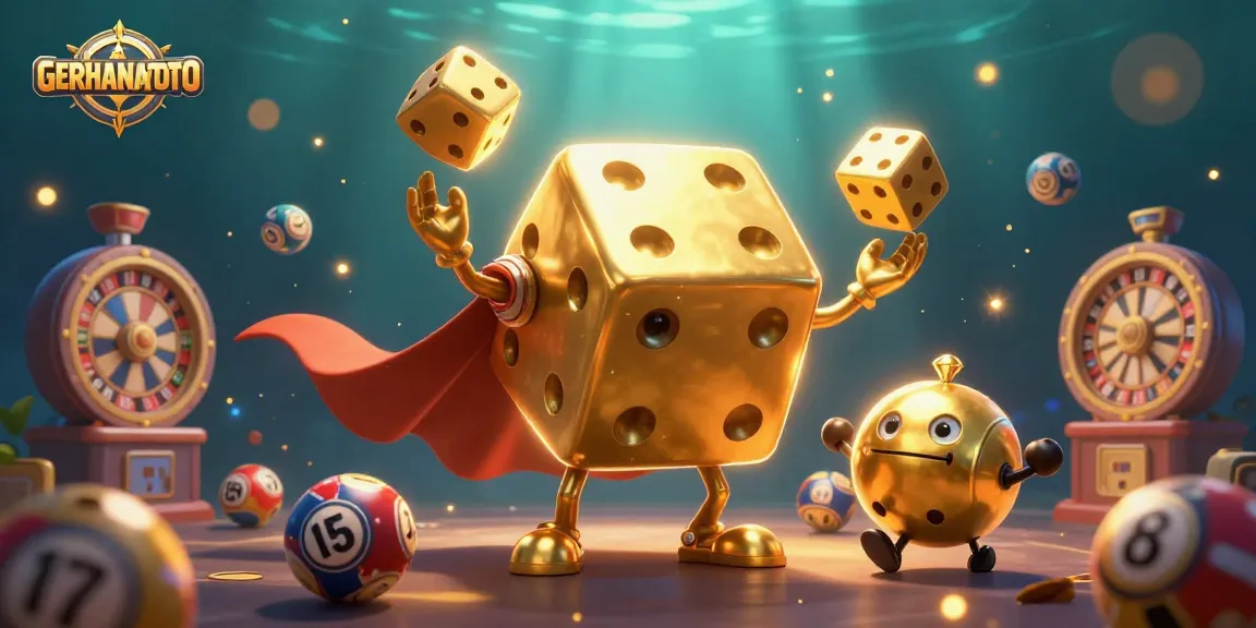 GERHANATOTO menampilkan golem dadu emas dan elemen lotere dalam ilustrasi 3D menarik.