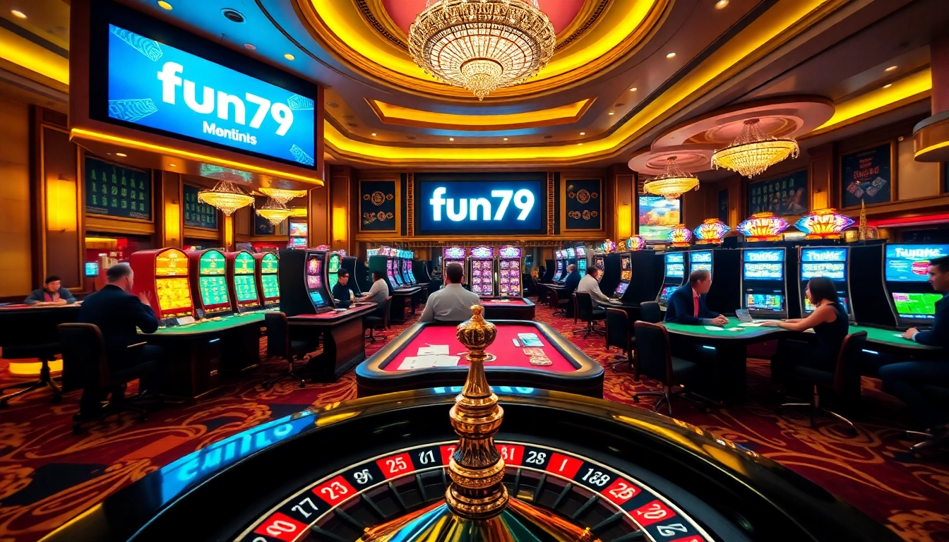 Experience the thrill of fun79 with vibrant casino action, poker tables, and lively gamblers.